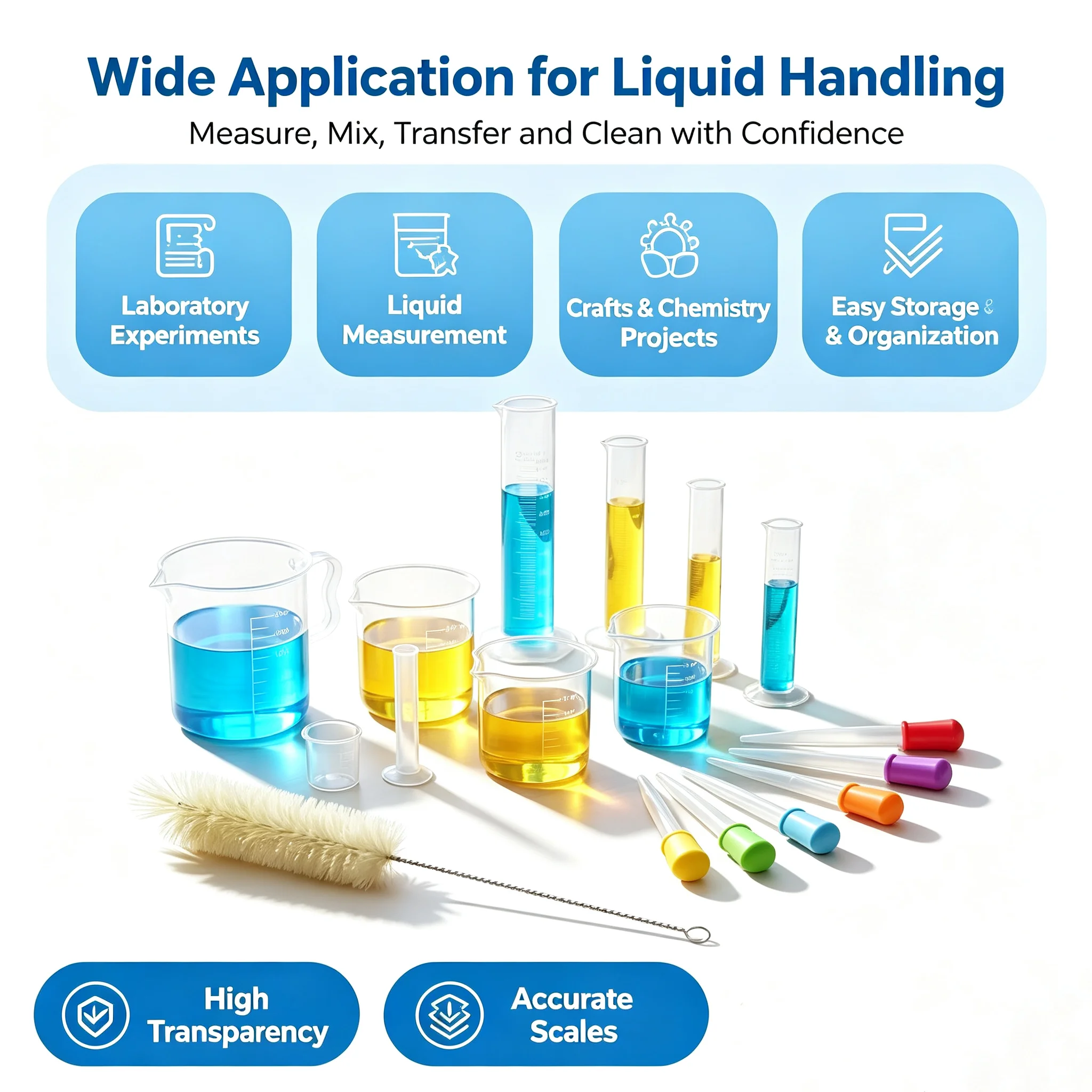 17Pcs Plastic Measuring Set Graduated Cylinders Beakers Droppers Brush Clear Scale Liquid Measuring Tool for School Science DIY