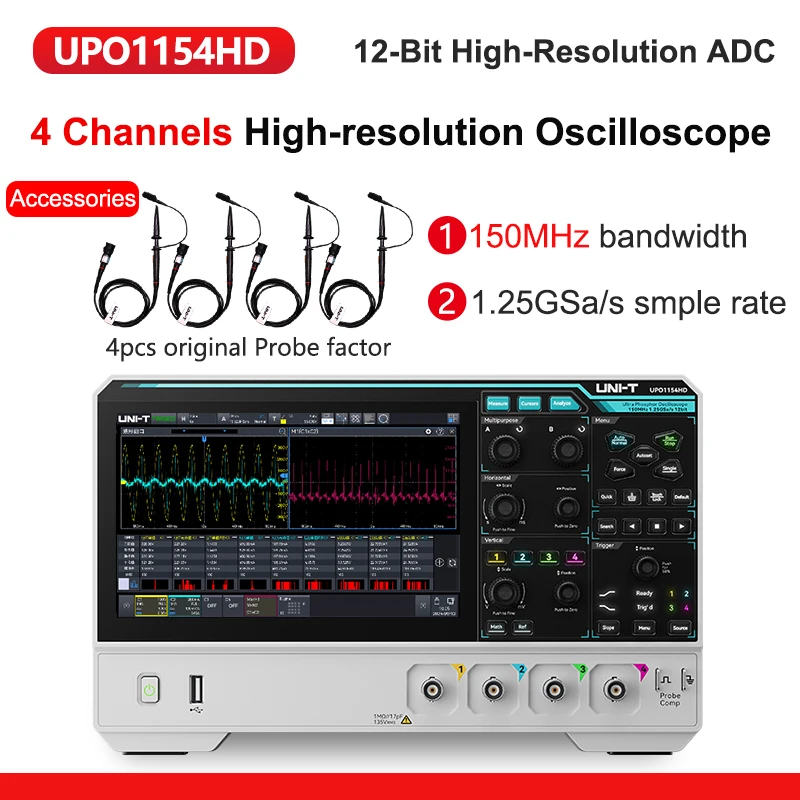UNI-T 2/4 kanalen Draagbare oscilloscoop met hoge resolutie UPO1082HD UPO1154HD 500.000wfms/s Golfvormsnelheid Spectrumanalyzer