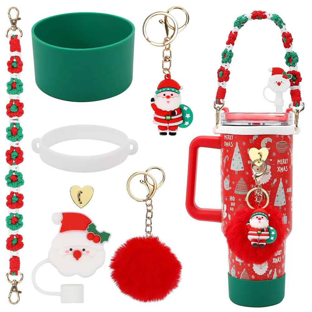 7Pcs/Set Christmas Siliocne Cup Boot Straw Cover Handle Strap Keychain for Stanley 40oz Tumbler Accessories Set