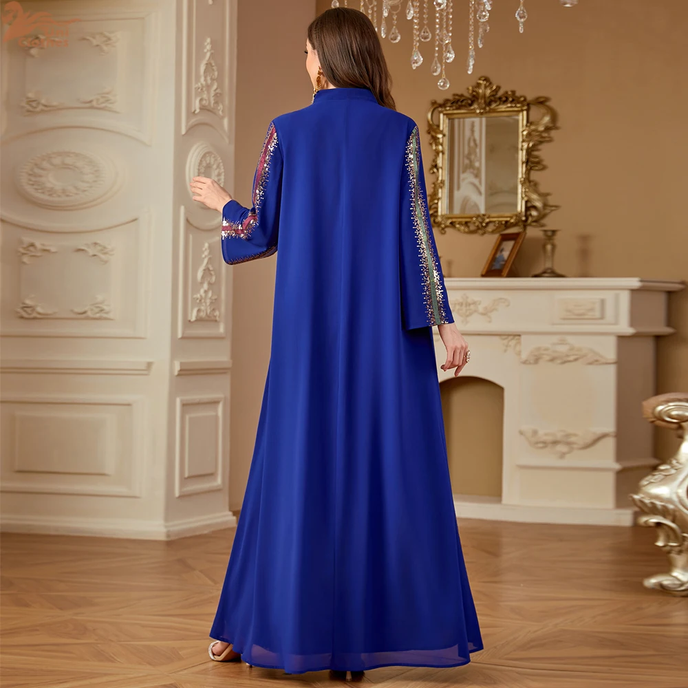 

2025 Muslim Women's Sequin Embroidered Chiffon Abaya Dress Dubai Middle Eastern Ramadan Elegant Kaftan Islamic Robe