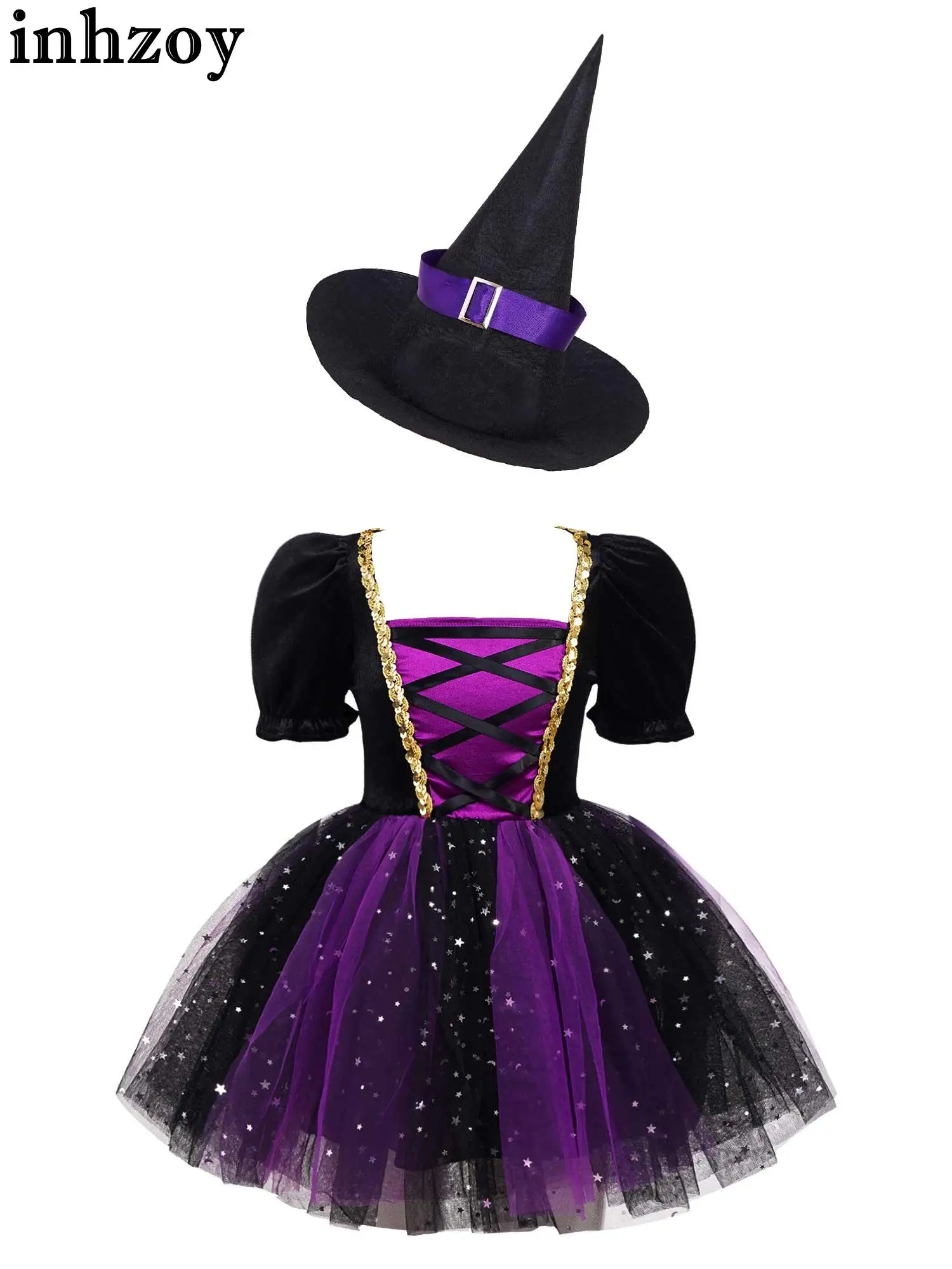 

Kids Girls Halloween Witch Costume Short Bubble Sleeve Velvet Tutu Dress with Magic Hat Cosplay Theme Party Performance Dress