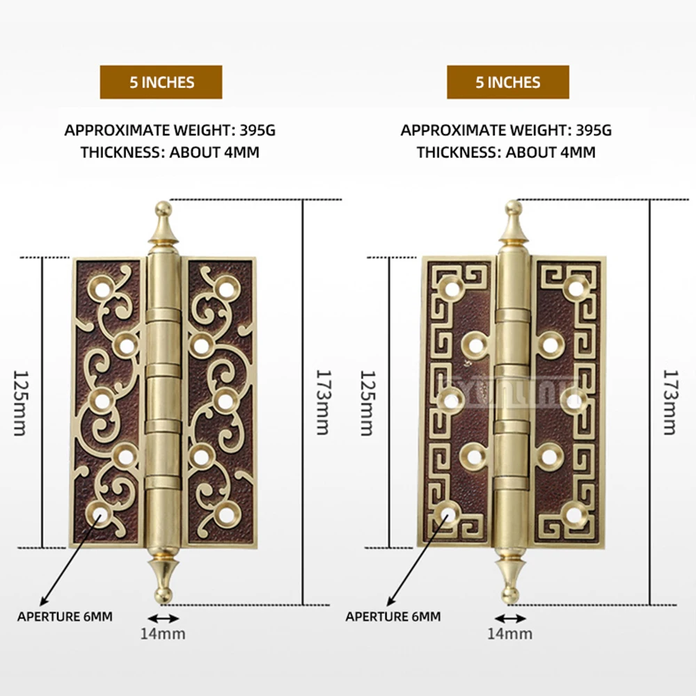 Pointed Tip Thickened Solid Brass Hinges, European Style Brass Door Hinges, 4 / 5 Inch Adjustable, Furniture Cabinet Fittings