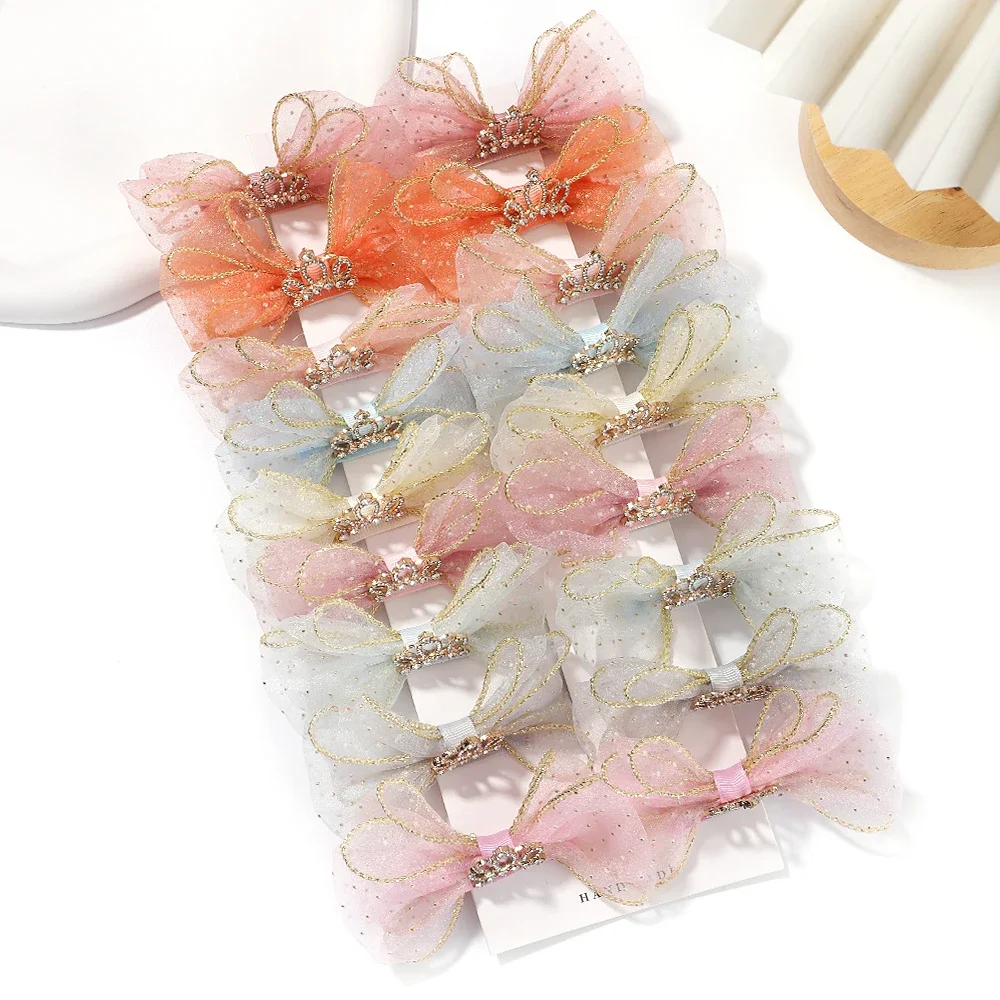 2pcs Girls Hair Clip Organza Bow Hairpins Kids Barrettes Zircon Crown Hair Ornaments Children Princess Baby Hair Accessories