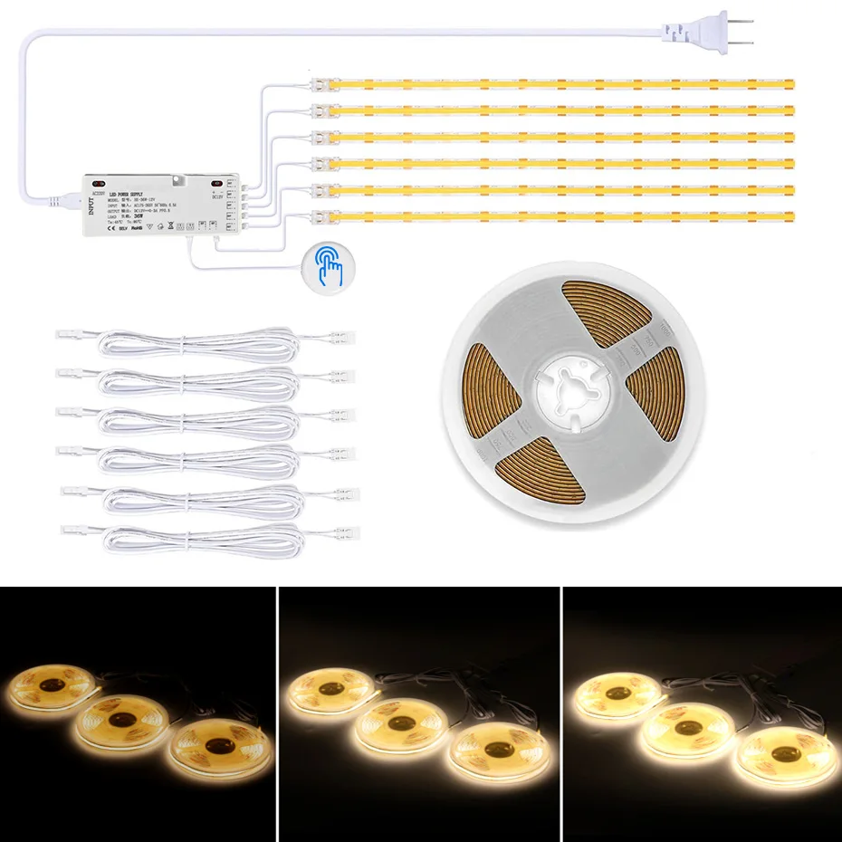 

12 В шкаф для хранения на кухне, светодиодная лента COB, ЕС, США, Австралия, Великобритания, для комнаты, с регулируемой яркостью COB, светодиодная лента, проникновение, сенсорный диммер, переключатель