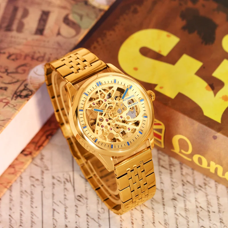 ساعة ميكانيكية فاخرة بحزام فولاذي ذهبي على طراز الأعمال من توربيون سيستار أوتوماتيكية بالكامل
