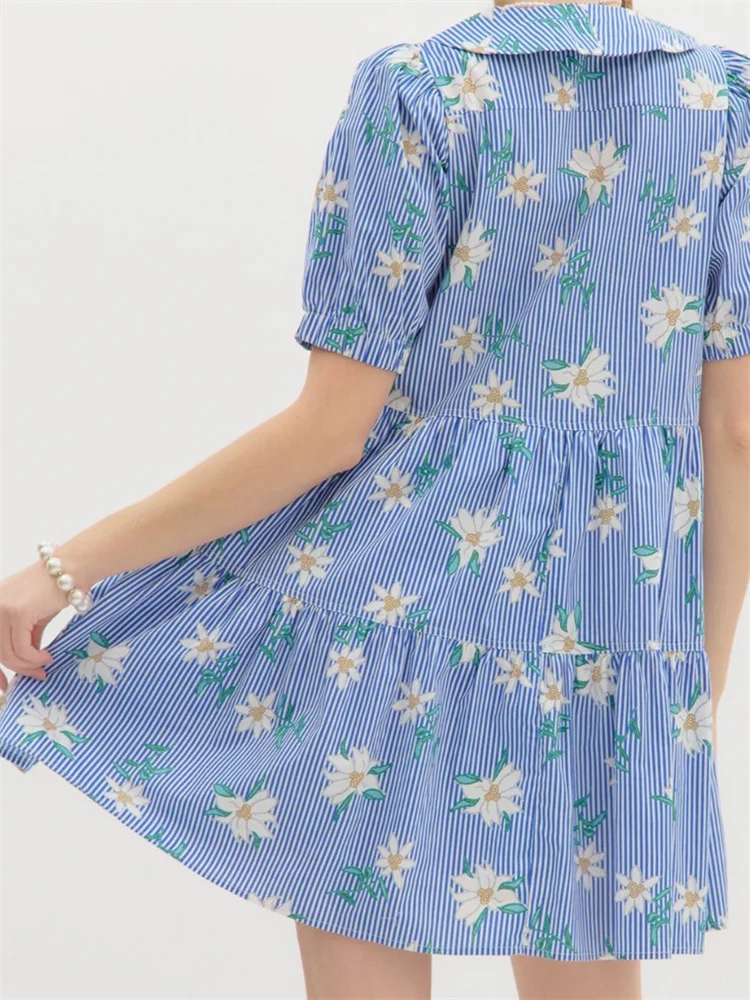 CHRONSTYLE Women Short Mini Dress Elegant Short Puff Sleeve Lapel Collar Floral Print A-line Dress Summer Vestidos with Pockets