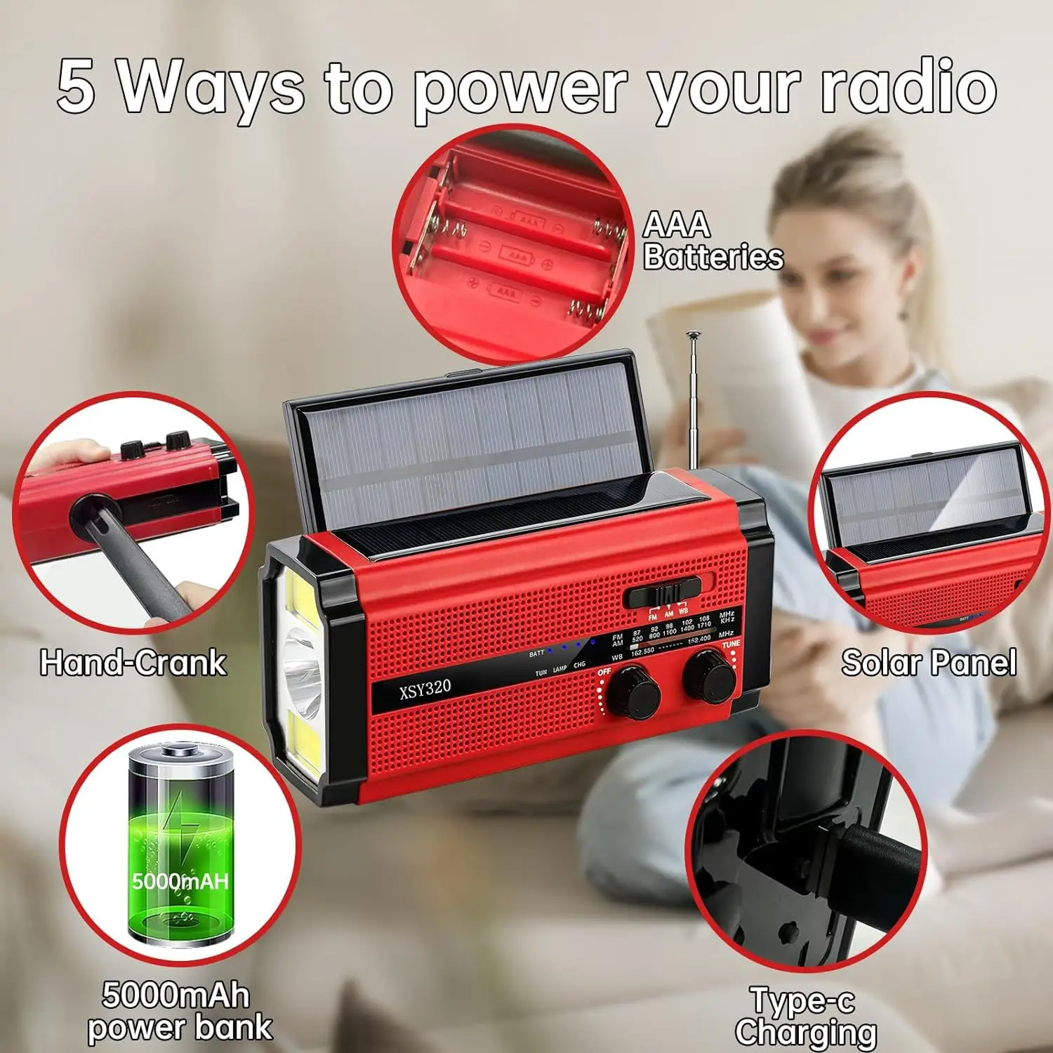 Hot 5000mAh Emergency Radio AM/FM/NOAA Weather Radio Solar Hand Crank USB Rechargeable Portable Radio Flashlight SOS Power Bank