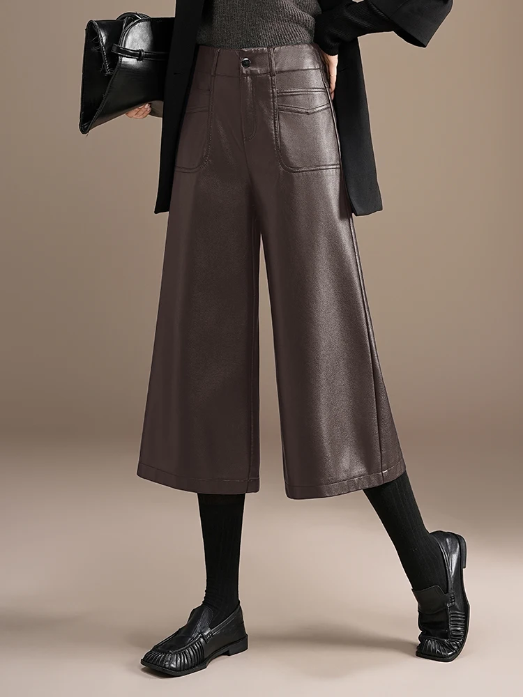 ZUZK جودة عالية بولي Leather الجلود كابري السراويل جديد إمرأة 2026 الخريف الشتاء شيك قصيرة بولي بنطال بنطال جلدي أنيق بنطال جلدي #3