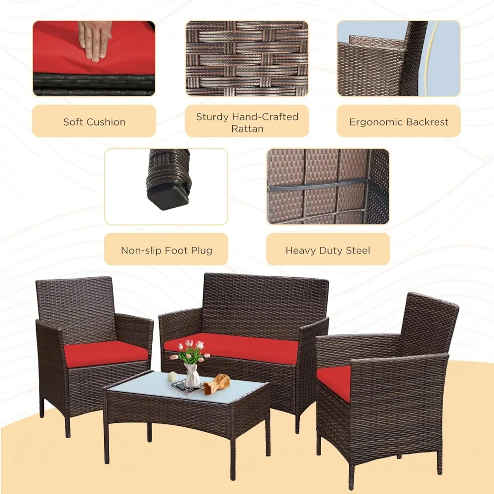 4 Piece Outdoor Wicker Patio Conversation Furniture Set, Rattan Chair Wicker Sofa Garden Conversation Sets with Cushion