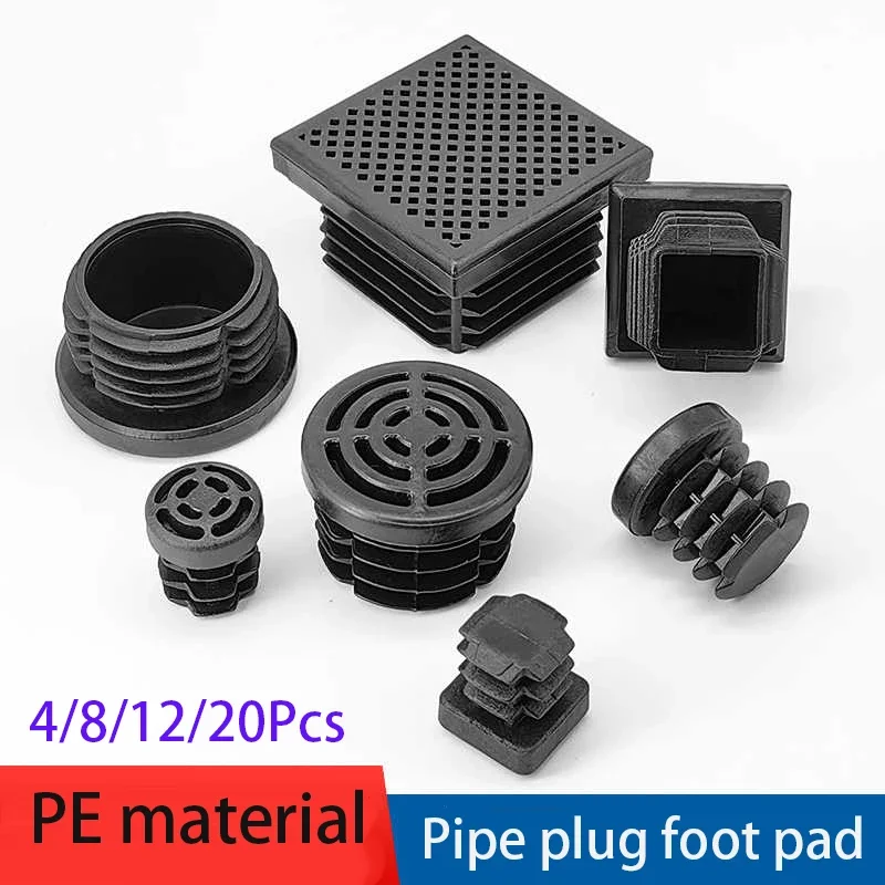 19-80mm Square/Round Plastic Black Plug Stainless Steel Pipe Head Furniture Table&Chair Foot Pad Anti-shock Protection Seal Pad
