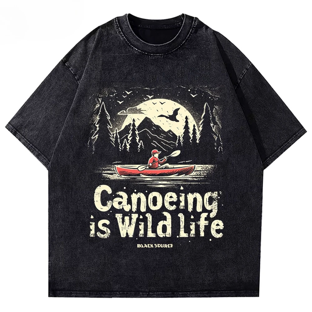 Washed Vintage Canoeing Wildlife Graphic T Shirt Mountain Forest Kayak Outdoor Print Unisex Cotton Crew Neck Short Sleeve Tee