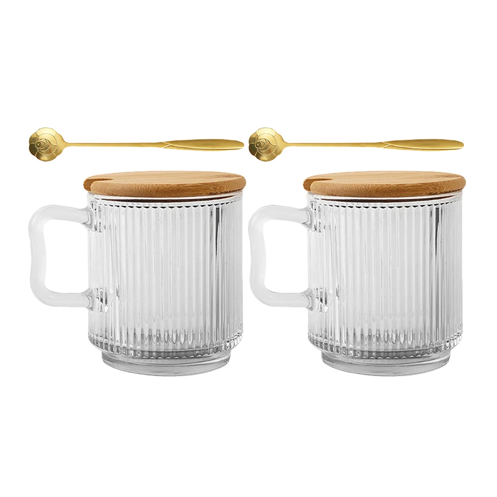 

2 Sets Clear Glass Coffee Mugs Water Cups Lid Spoon Household Tea Mug Office Daily Use Transparent Drink Cup Kitchen Barware