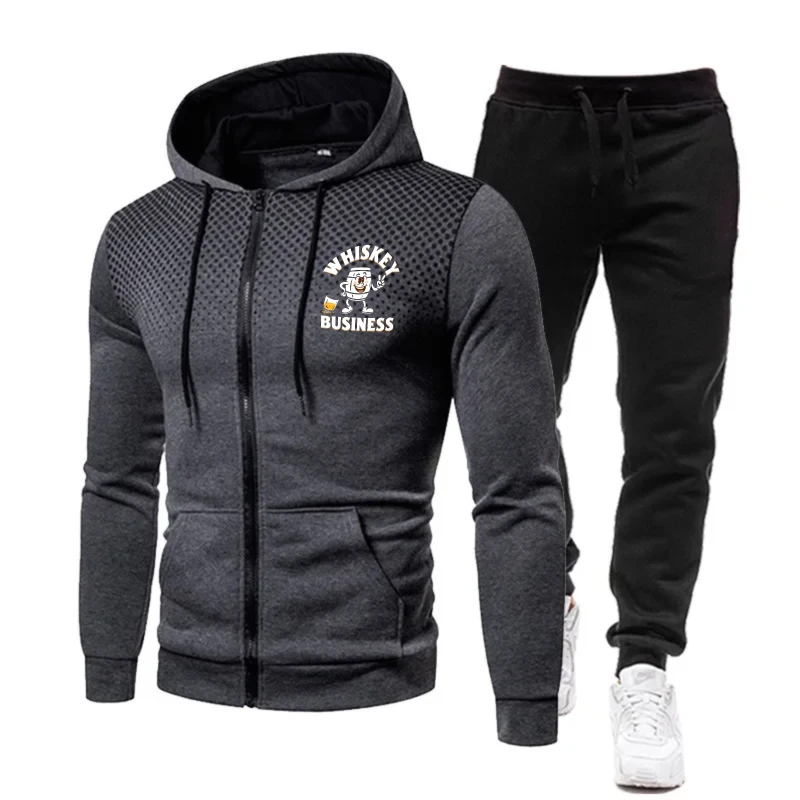 Men's Jacket Set Black Red Gradient Printed WHEAT BUSINESS Logo Hoodie Zip-Up Sweatshirt for Casual Outdoor Sports Wear