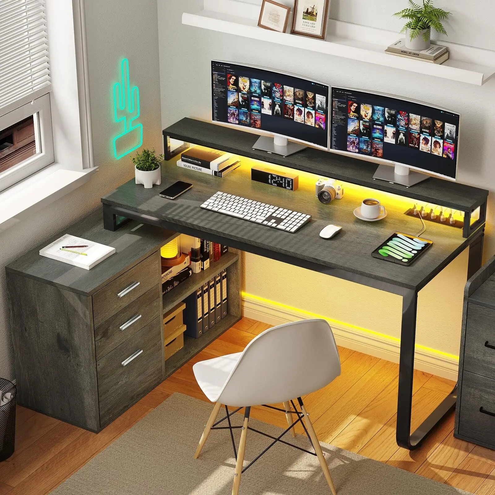 

L Shaped Desk Corner Gaming Desk with Power Outlets & LED Lights & File Cabinet