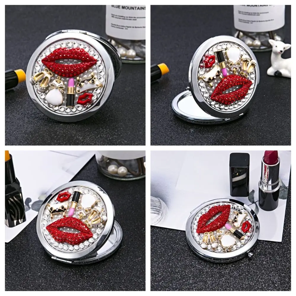 Lip Exquisite Mirror Creative Metal Gliter Pocket Mirror Double-sided Crystal Portable Mirror Students