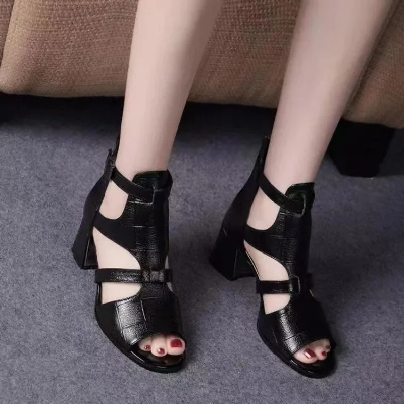 Women Sandals Chunky High Heels Peep Toe Hollow Out Roman Style Sandals Buckle Back Zipper Versatile Summer 2024