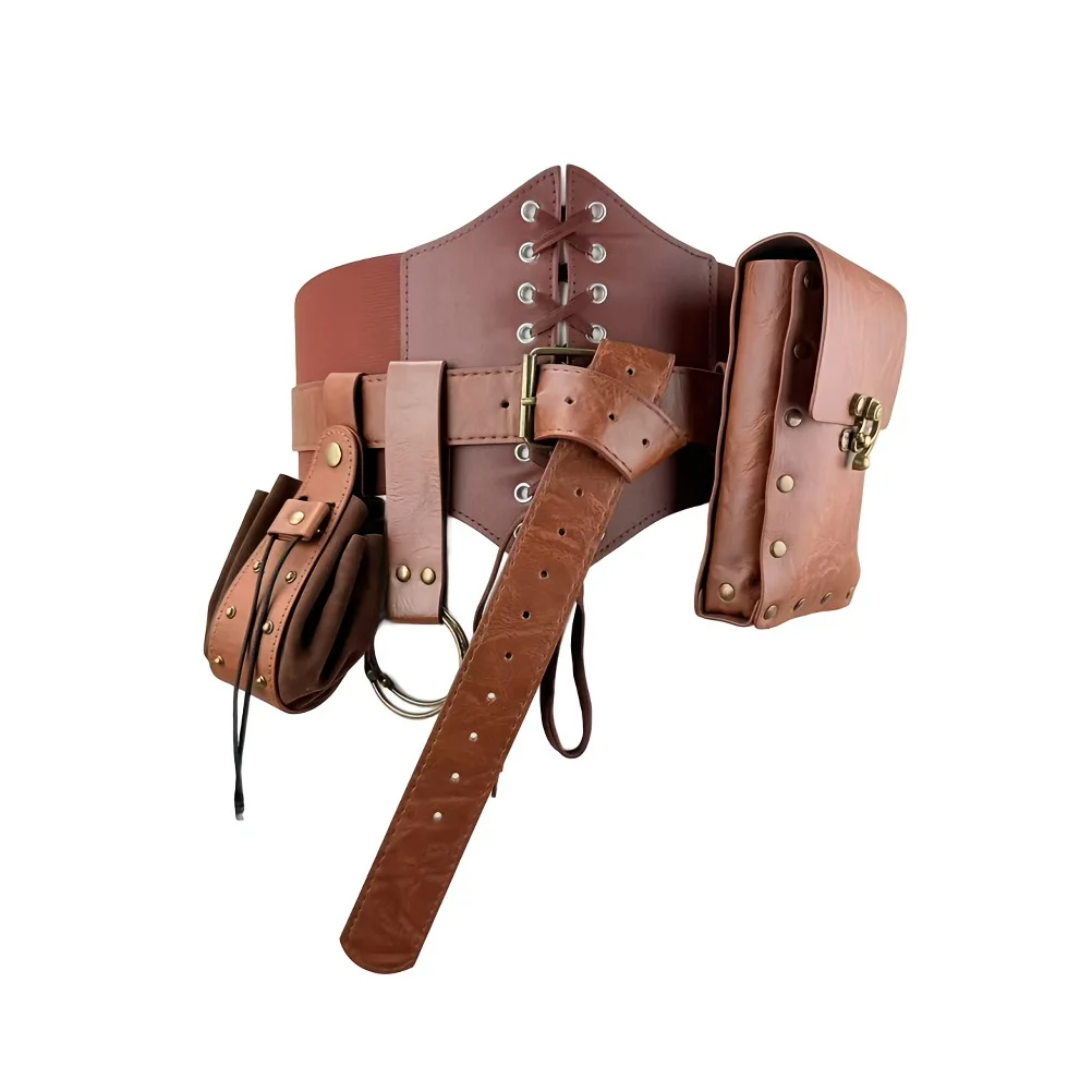 4PCS MedievalCosplayLeather Belt Copper Coin Waist Bag Renaissance Dress Steam Belt Role Playing Halloween Belt Set Cosplay