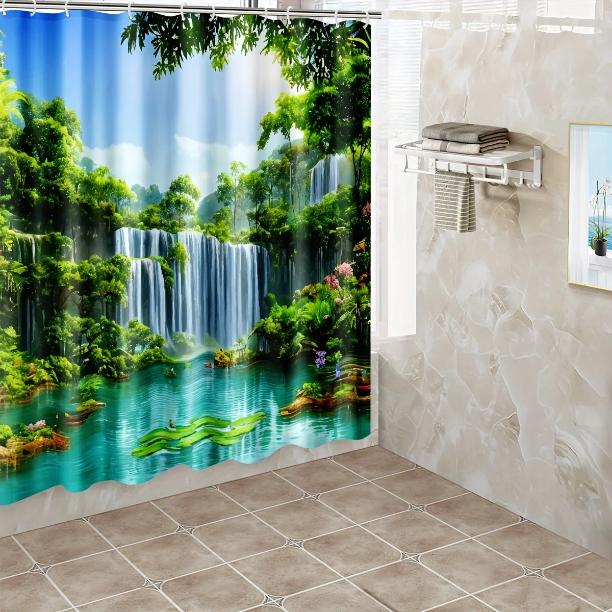 Tropical Waterfall Shower Curtain Nature Landscape Art Bathroom Decor Green Forest Stream Bath Curtains Modern Home Interior
