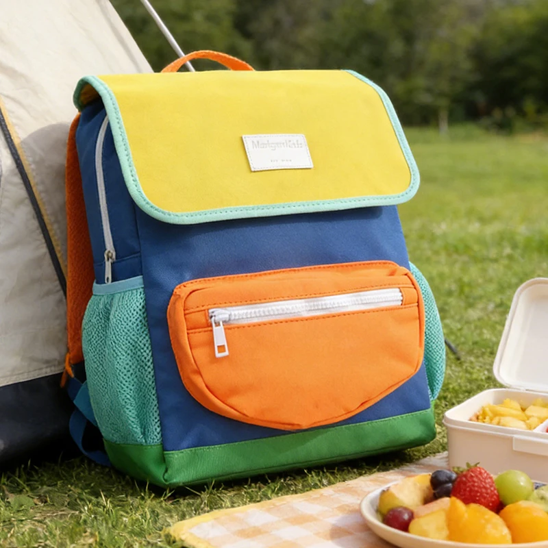 Kids Color Block Poly-cotton Backpack Flap Design Kindergarten Preschool School Bag with Mesh Pockets for Boys Girls