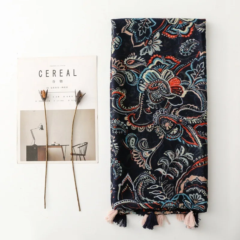 

Vintage Ethnic Navy Paisley Print Voile Scarf180x88cm Bohemian Fringe Shawl Neck Wrap Retro Versatile Hijab For Women Accessory