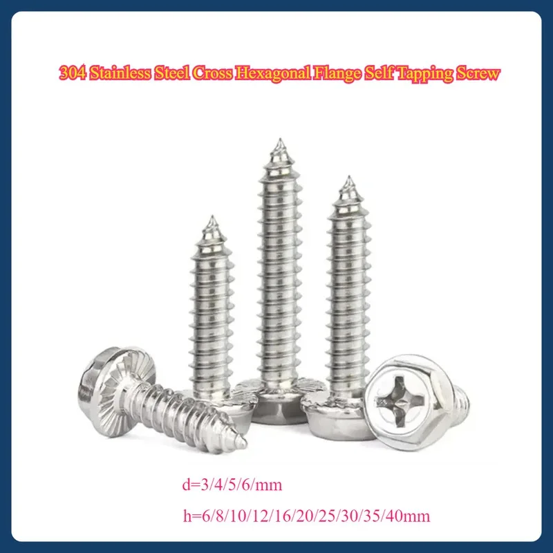 Cross Hexagonal Flange Self Tapping Screw 304 Stainless Steel Nail Recess Wood Screw M3 to M6