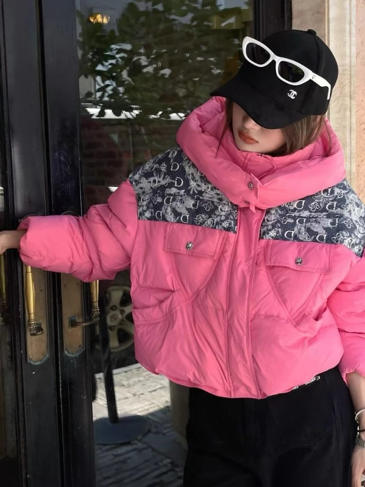 

2025 Winter New Down Jacket Fashion Y2k Color-Blocked Hooded Short Parkas Women's Casual Loose 90 White Duck Puffer Coat Outwear