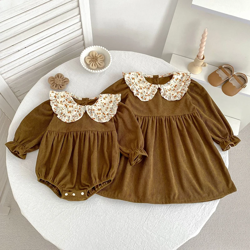 Neue Herbst Kinder Kleidung Schwestern Mädchen Party Prinzessin Kleid Cord Blume Kragen Kleid Baby Mädchen Strampler Kinder Schwestern Kleider – Detail 19