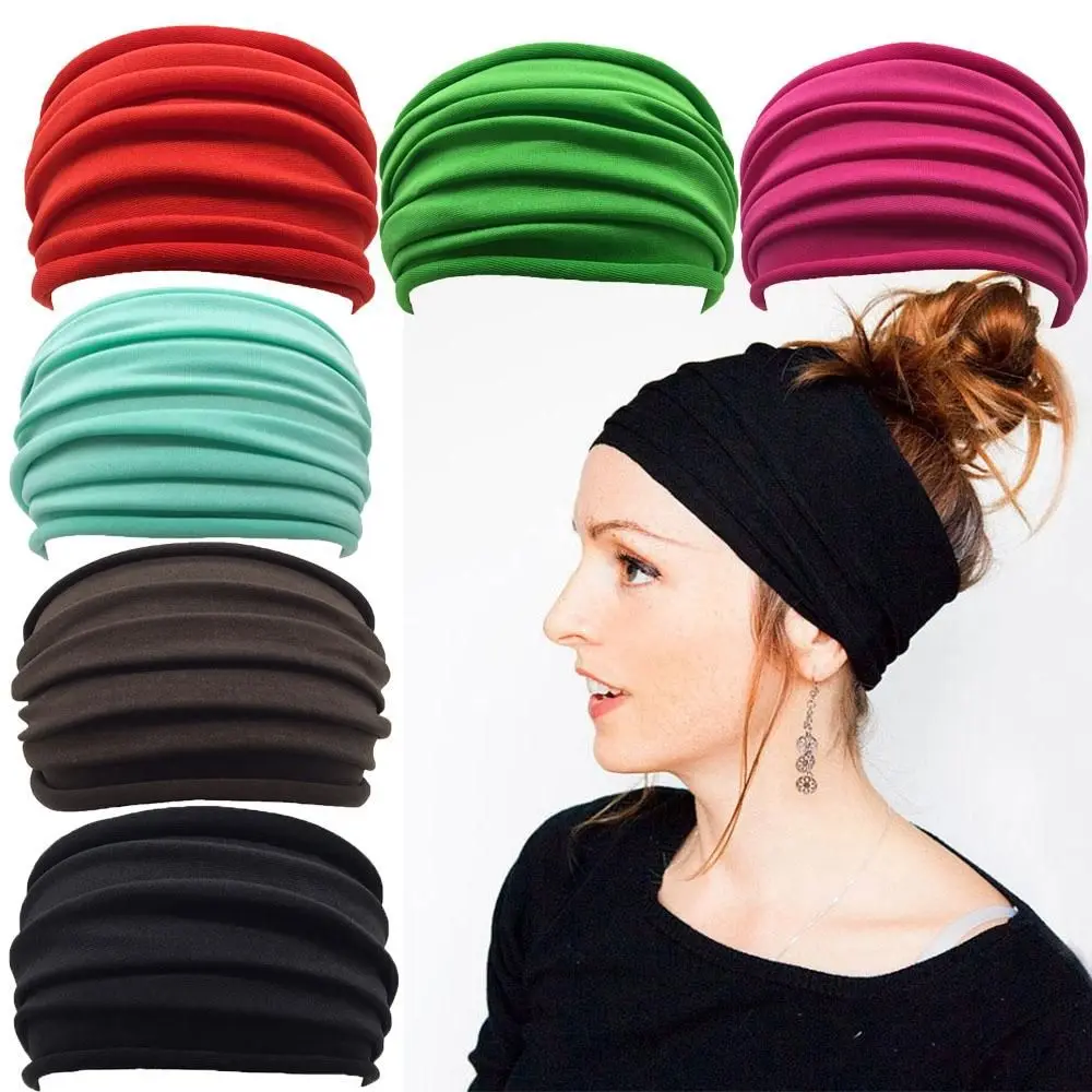 Solid Color Women Wide Sports Fold Yoga Nonslip Headband Stretch Hairband Elastic Running Turban Running Headwrap Accessories
