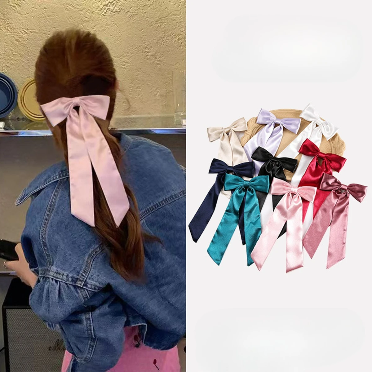 

Заколка для волос с атласной лентой и бантом для женщин, милая элегантная заколка для хвоста с бантом на затылке, однотонная тканевая заколка для укладки волос, аксессуары
