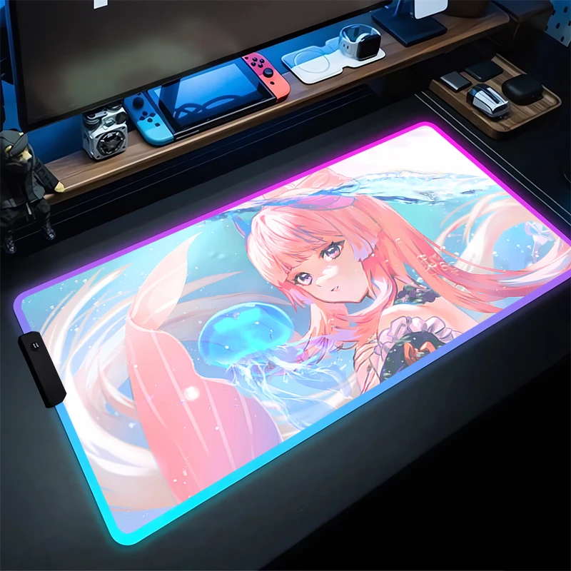 RGB Gaming Mouse Pad Sangonomiya Kokomi Laptop Mat Gaming Mousepad Backlit Keyboard Gamer Table Pads G-Genshin Impact Decor