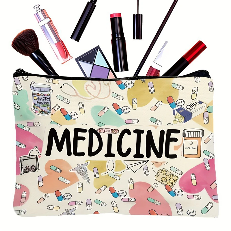 Medicine-Themed Cosmetic Travel Bag - Foldable Zippered Makeup Organizer, Gift for Healthcare Professionals, Cosmetic Bag view 6