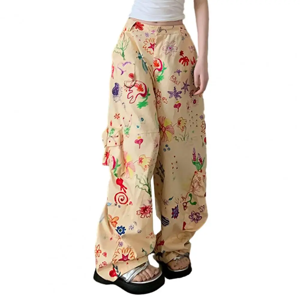 

Women Cargo Pants Print Straight Wide Leg Multi Pockets High Waist Loose Long Trousers Streetwear