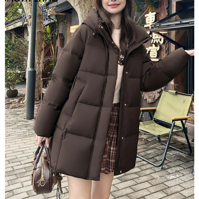 女性フード付き防寒ダックダウンコート冬のファッションプラスサイズミッドレングス厚く暖かく保つ黄色通勤ストレート服