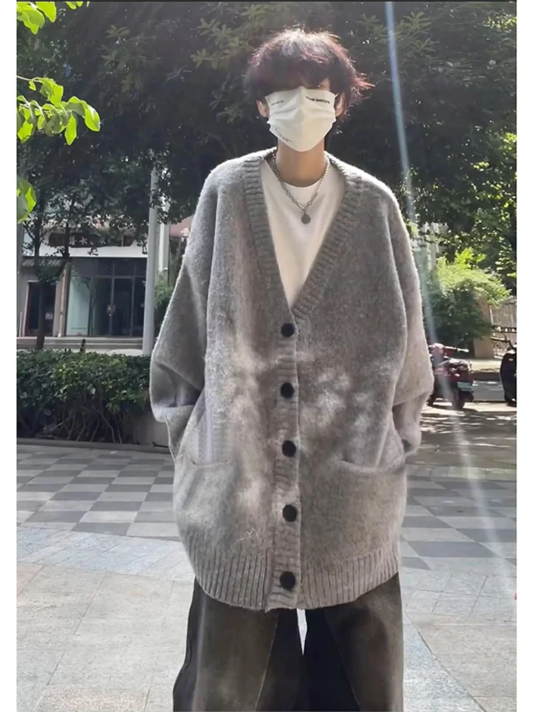 

Вязаный кардиган-жакет для мужчин: свободный крой, оверсайз, для подростков, осенне-зимняя мода, повседневный стиль, полиэстер