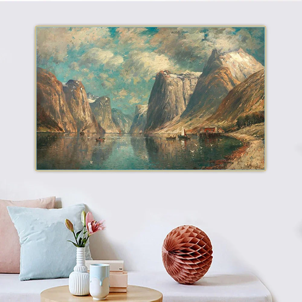 Adolf Kaufmann《Fjord Landscape》Canvas Oil Painting Art Aesthetic Poster Picture Wall Hanging Decor Home Living Room Decoration