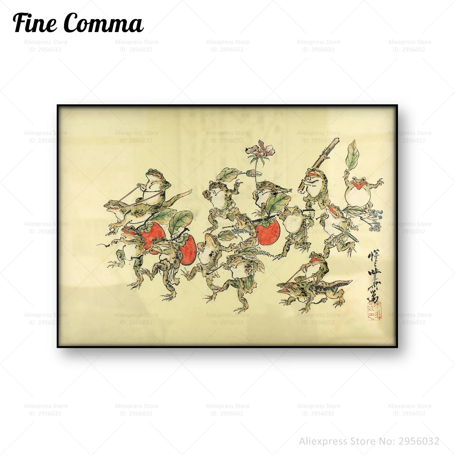 Vintage Poster Frog Bearing Persimmon Riding Lizard Kawanabe Kyosai Japanese Art Canvas Print Antique Painting Wall Art Picture