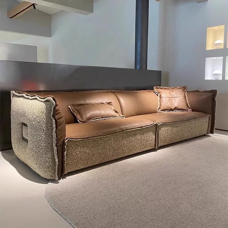Cowhide straight row leather sofa minimalist retro style living room combination cotton and linen leather sofa
