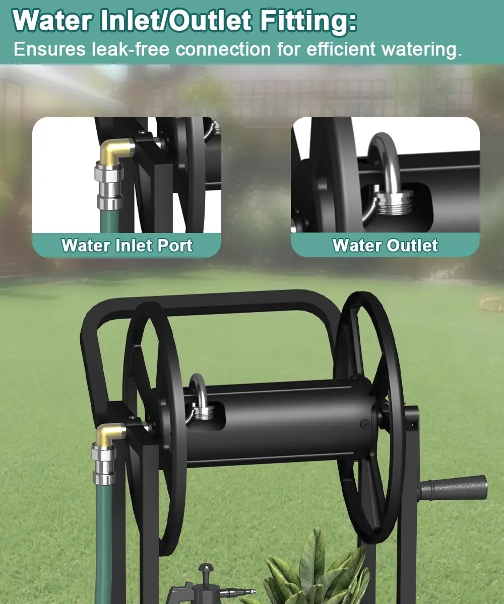 ホイール付きガーデンホースリールカート、屋外用ヘビーデューティーパウダーコーティングスチール製ウォーターワインダー収納、125フィート5/8インチホースと3.9フィートに対応