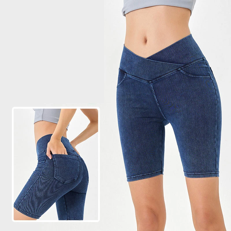 Women's Cross High Waisted Denim Shorts High Stretch Sports Fitness Five Point Cycling Pants Female Slim Tight Fitting Shorts