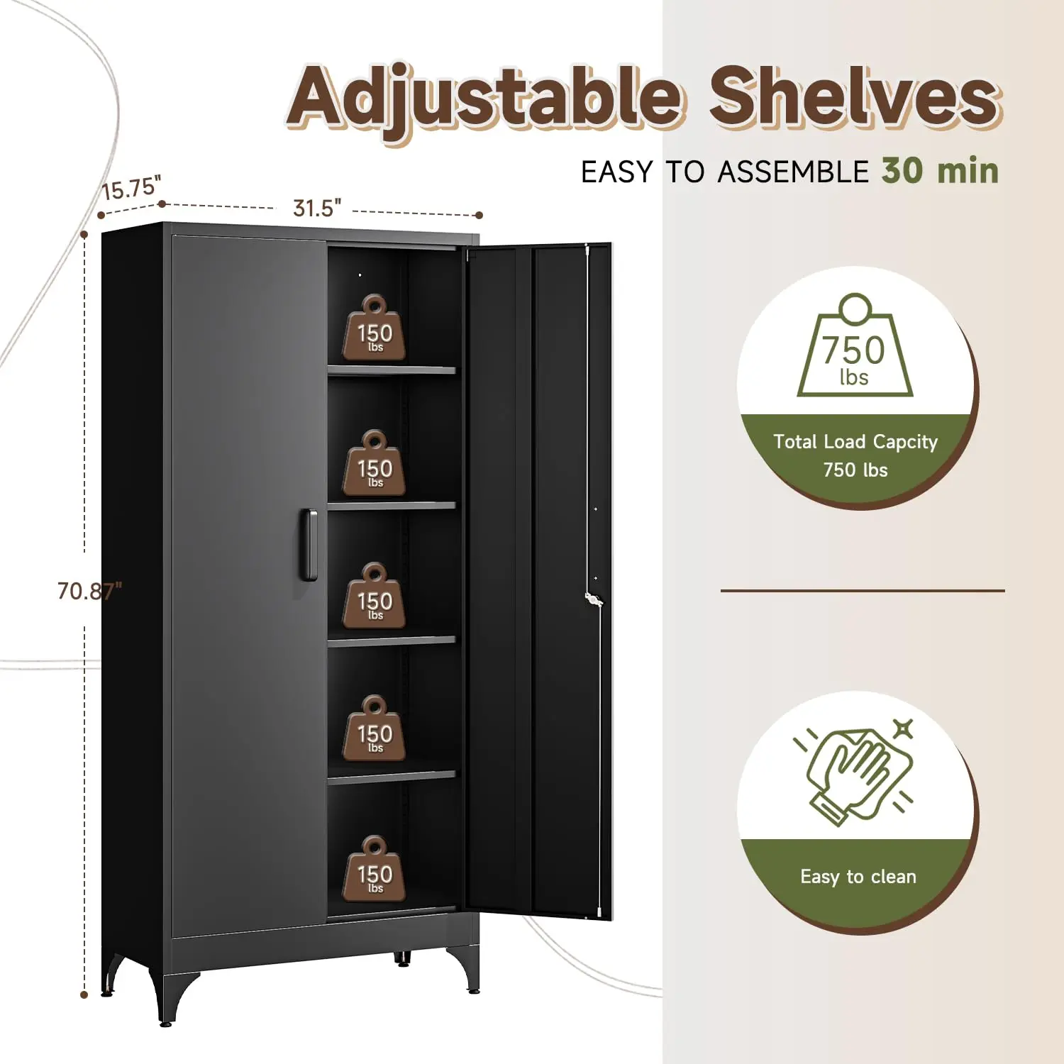 71" H Metal Storage Cabinet 2 Doors & 4 Shelves, Tall Kitchen Pantry Organizer Dining Bathroom Office Garage, Customized