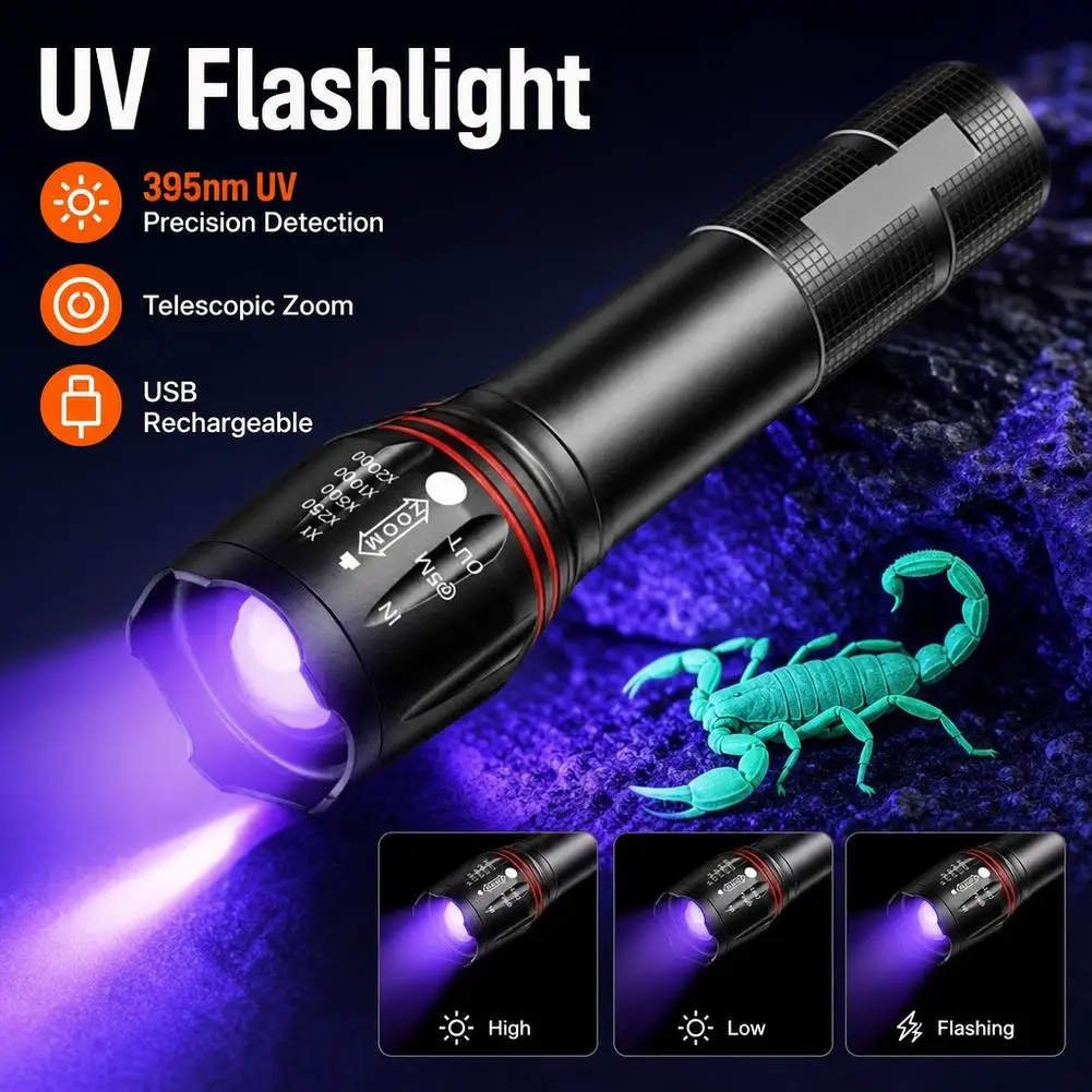 UV Blacklight Flashlight Micro USB Rechargeable Telescopic Zoom Aluminum Alloy Pet Urine Stain Detector 3 Modes Mini Light