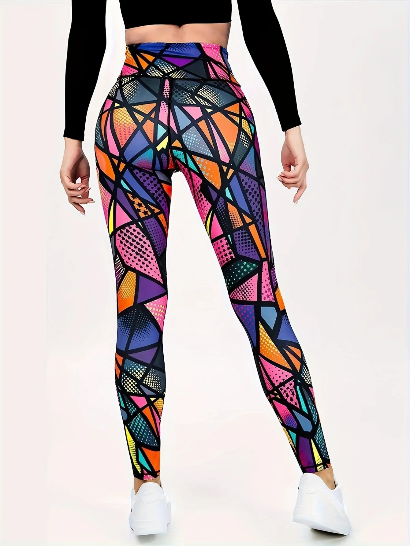 Yoga Pants, Women's High‑Waist Colorful Geometric Mosaic Triangle Print Stretch Leggings, Buttery‑Soft Full‑Length Gym Running Casual Active Pants