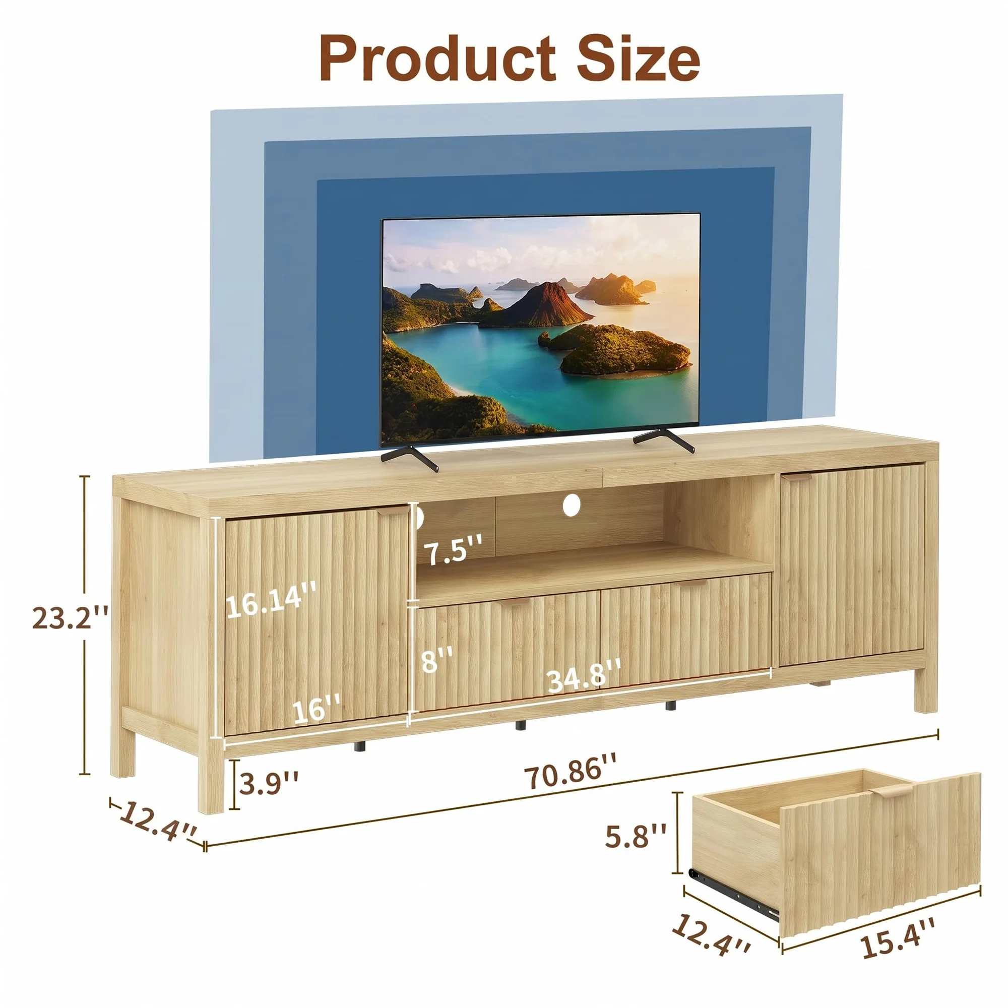 Fluted TV Stand For 65/75 Inch TVs, 70.86 Inch Mid Century Modern Media Console With 2 Cabinets, 2 Drawers, Open Shelf For Living Room