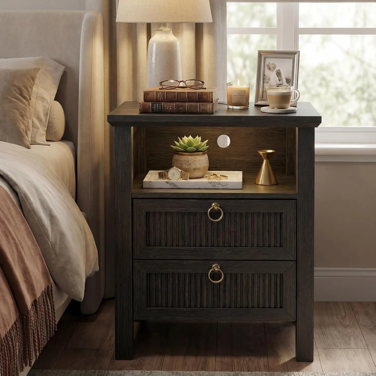 Fluted Night Stand with Charging Station & LED, 19.6'' Bedside Table with 2 Drawers & Shelf, End Table for Bedroom , Customized