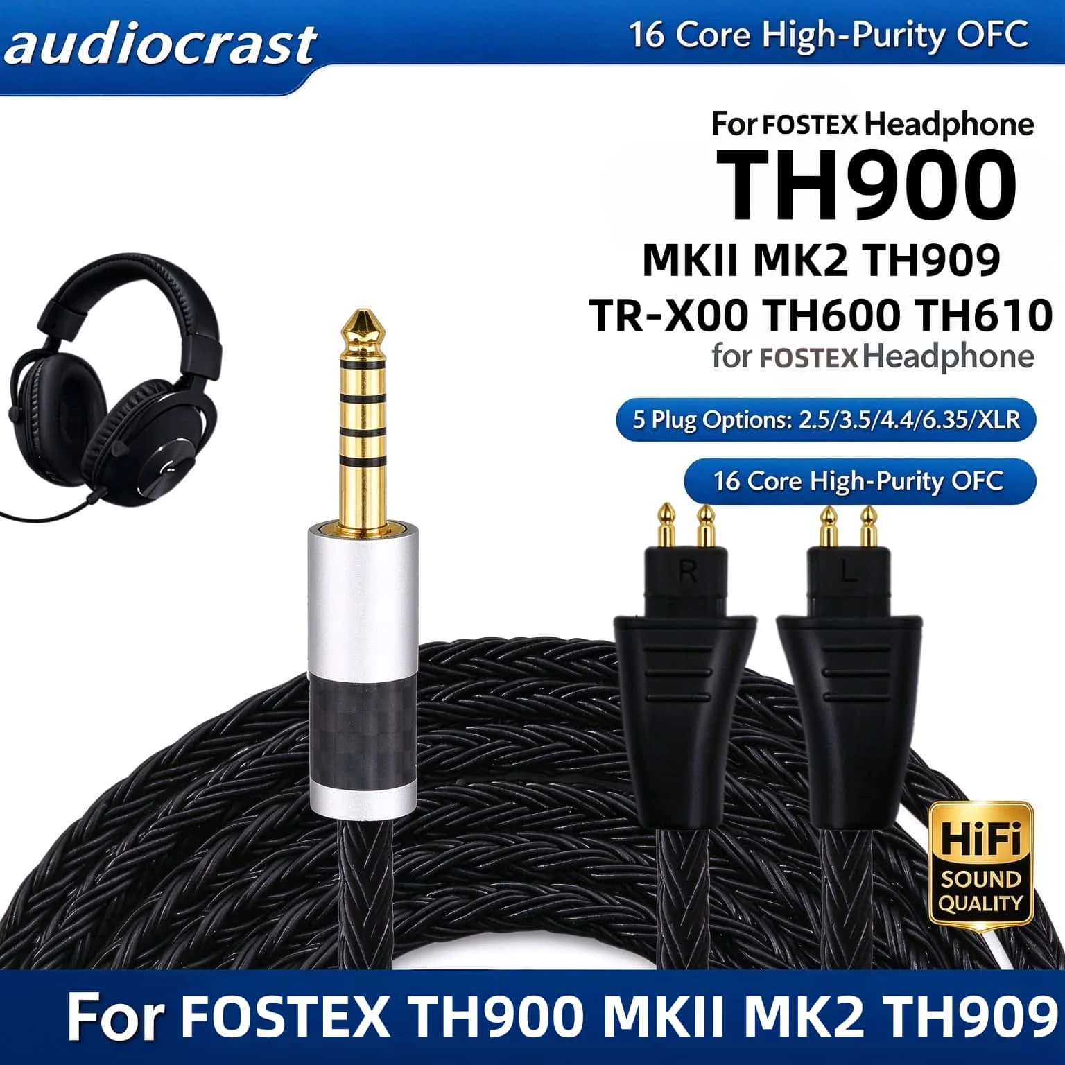 16 Core 7N OCC 2-Pin Headphone Earphone Cable for Fostex TH900 MK2 TH909 TH610 TR-X00 2.5 3.5 4.4 XLR 6.35 Plug 0.5-3m