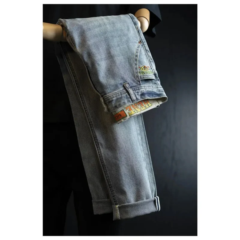 

Men's Vintage Washed Denim Jeans, Streetwear Pants with Retro Embroidered Waistband, Casual Cotton Jeans for Daily Wear, Work, C