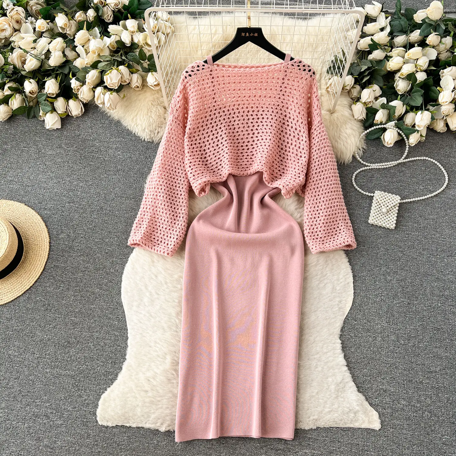 Korean Style Two Piece Set For Women's Loose Hollow Out Sweater Knitted Strap Dress For Women's Fashion Casual Set Autumn Winter