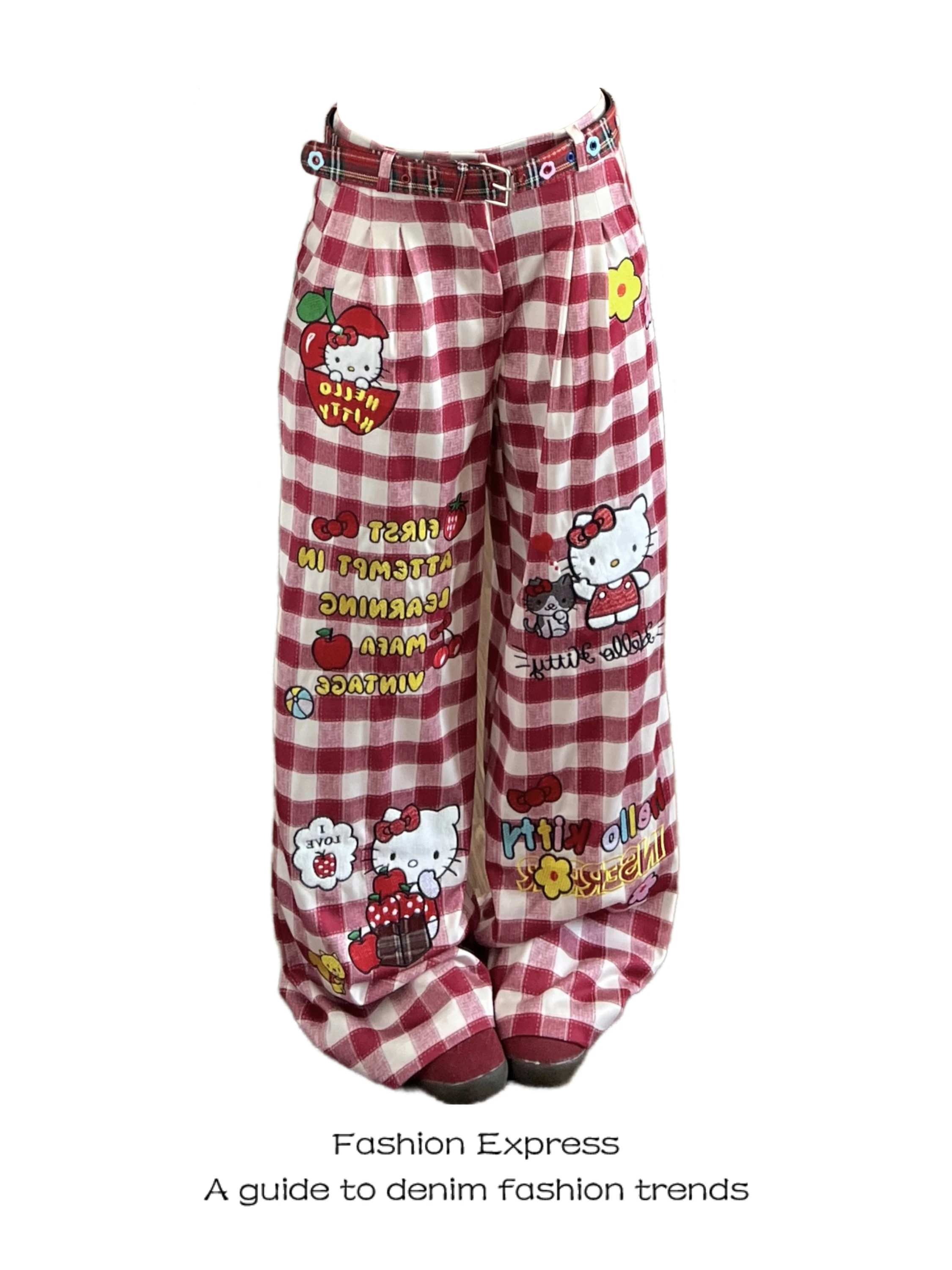 

Женские повседневные брюки в стиле ретро, свободного кроя, весенне-осенние, с мультяшным принтом, в клетку, школьные, прямые, с высокой талией, на пуговицах