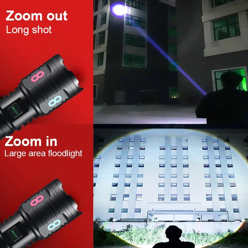 Powerful White Laser LED Flashlight 26650 Battery TYPE C Rechargeable Zoom Torch Outdoor Camping Tactical Handlamp