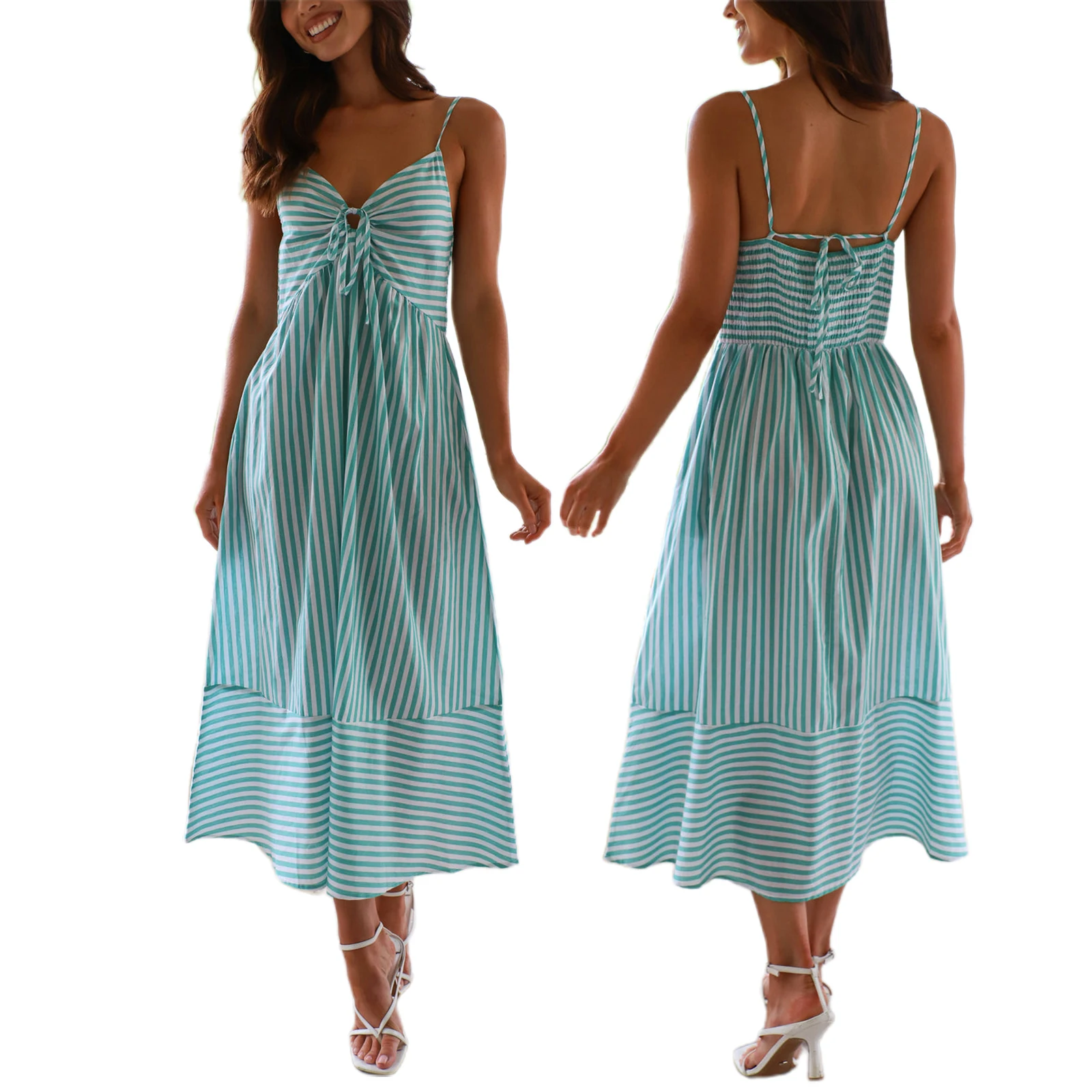 Vestido de maternidad a rayas para mujer, vestido Sexy de verano con tirantes finos y lazo con cordones, escote en forma de corazón, camisola holgada, vestidos de embarazo